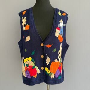 Vintage Mandal Bay Fall embroidered sweater vest - navy blue - pumpkins - size S